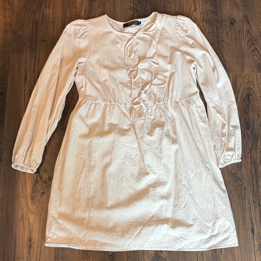 Women's Long Sleeve Cream Ruffle Front Dress